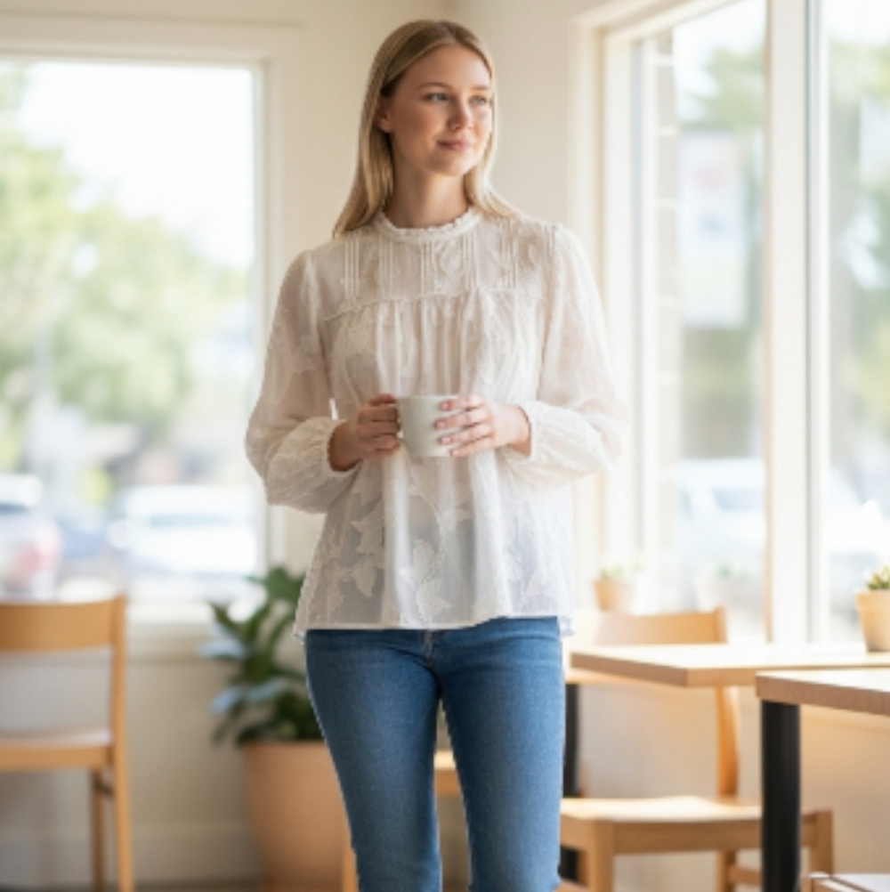🎉 3/$60 Aritzia Wilfred White Textured Long Sleeve Blouse Size Medium